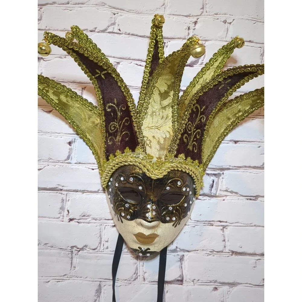 Mardi Gras Large Jester Joker‎ Crackle Venetian Masquerade Mask Brown &  Gold
